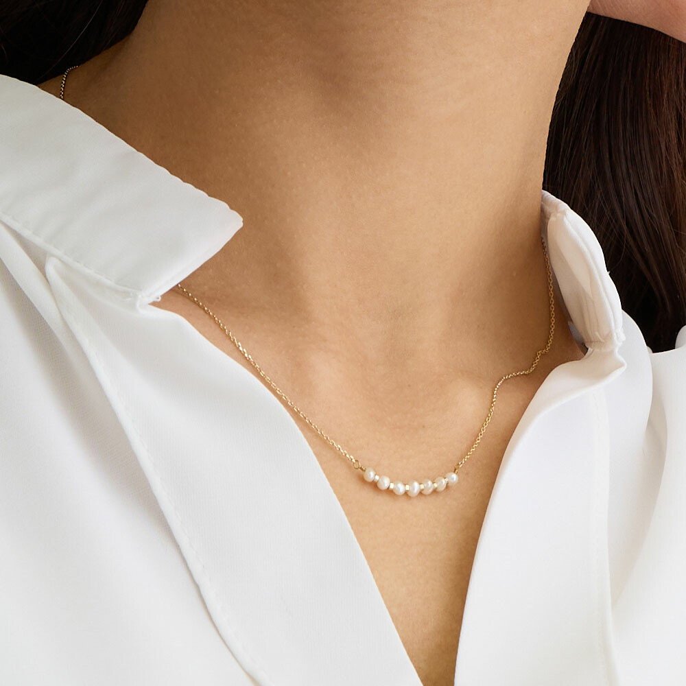 10 日本製-淡水珍珠-微笑項鍊 | K18鍍金-鎖骨鍊-短項鍊 (38cm) | 氣質一字鍊禮物