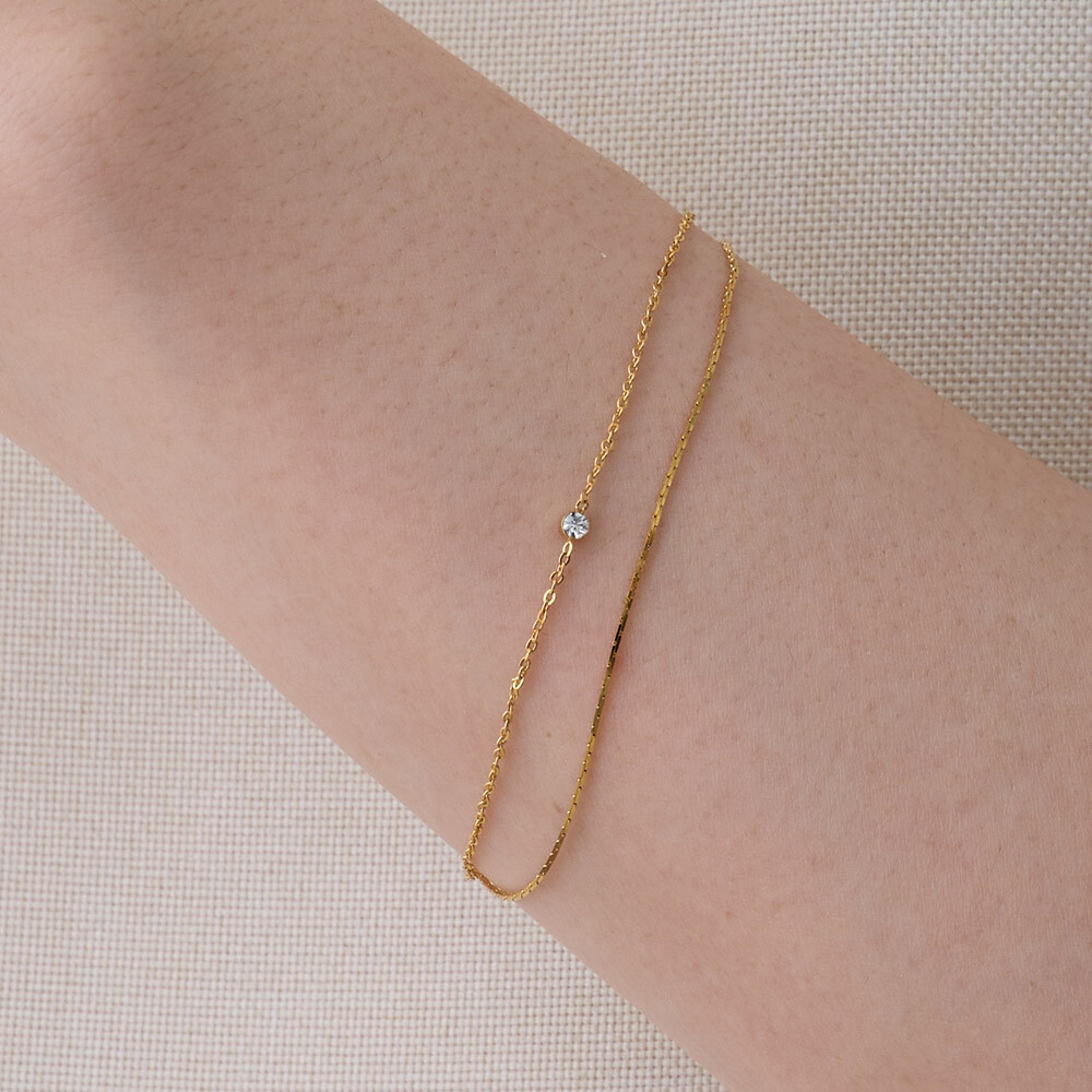 日本製-玫瑰金雙層手鍊 | 極簡單鑽-細鍊-氣質手環