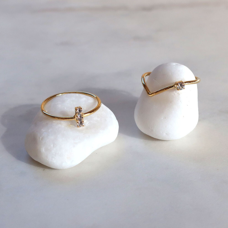 日本製-極簡V型單鑽線戒 | K18鍍金-顯瘦戒指 (日圍13號)