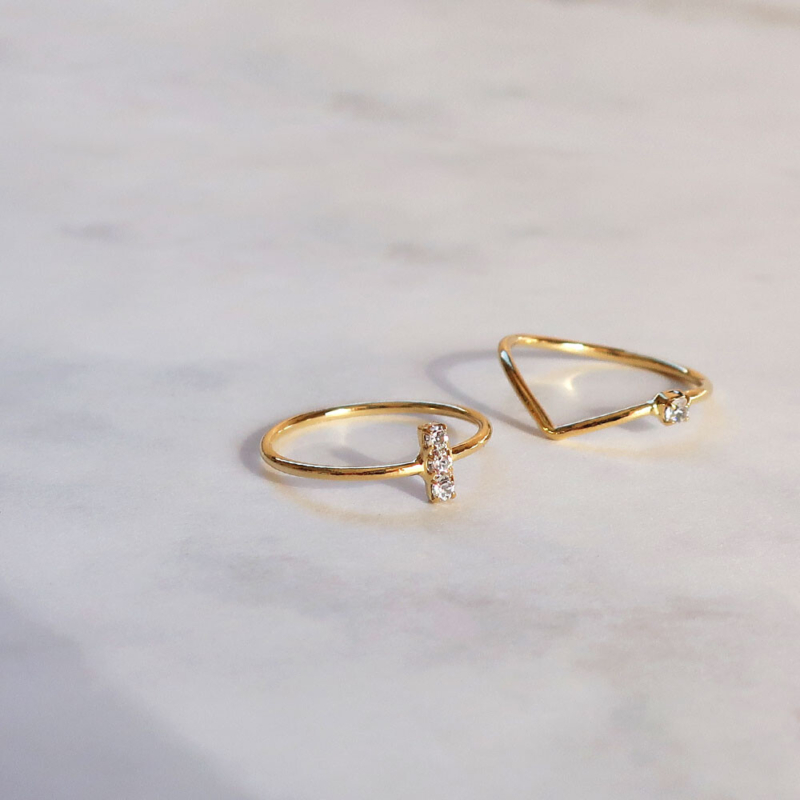 日本製-極簡V型單鑽線戒 | K18鍍金-顯瘦戒指 (日圍13號)