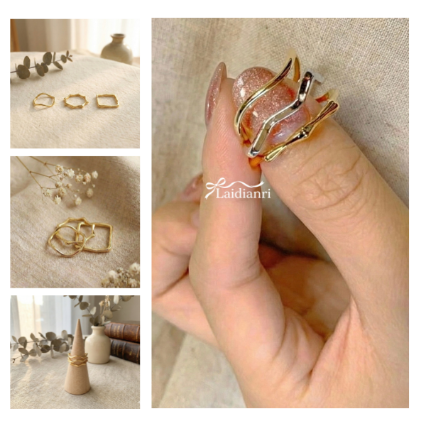 10 【韓國製】不規則幾何黃銅戒指3件組|正韓金色造型戒指