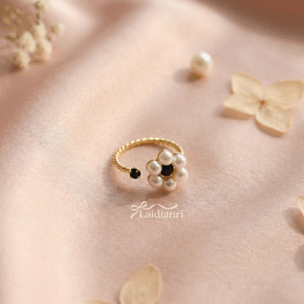 【韓國製】復古珍珠花朵開口戒｜黑金撞色麻花黃銅戒指