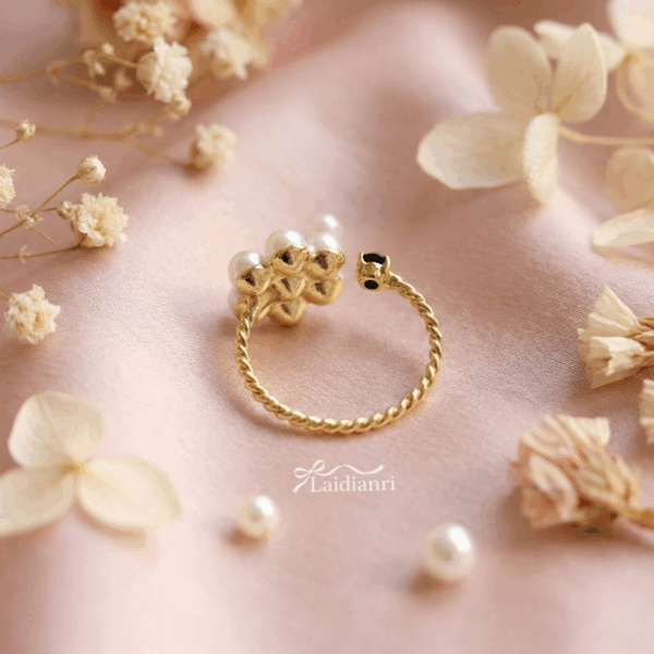 【韓國製】復古珍珠花朵開口戒｜黑金撞色麻花黃銅戒指