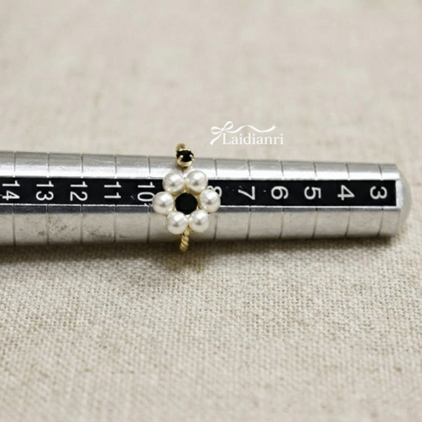 【韓國製】復古珍珠花朵開口戒｜黑金撞色麻花黃銅戒指