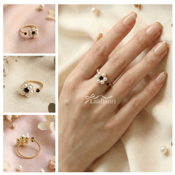 【韓國製】復古珍珠花朵開口戒｜黑金撞色麻花黃銅戒指