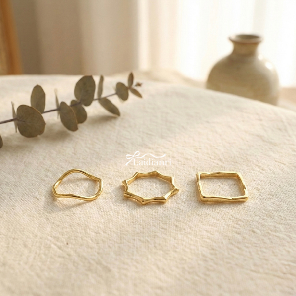 6 【韓國製】不規則幾何黃銅戒指3件組|正韓金色造型戒指