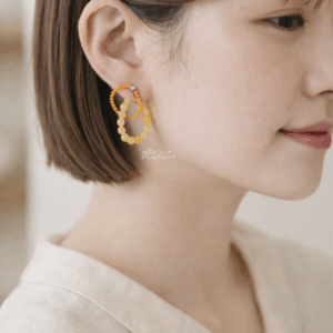 韓國製-清新雙圈串珠耳環｜夏日橘黃撞色圈圈耳針