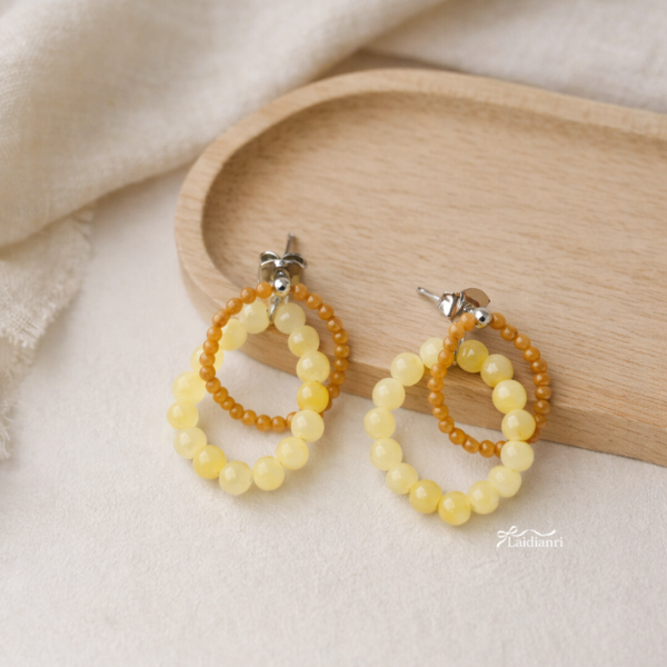 韓國製-清新雙圈串珠耳環｜夏日橘黃撞色圈圈耳針