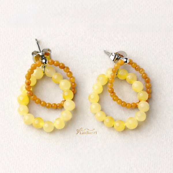 韓國製-清新雙圈串珠耳環｜夏日橘黃撞色圈圈耳針